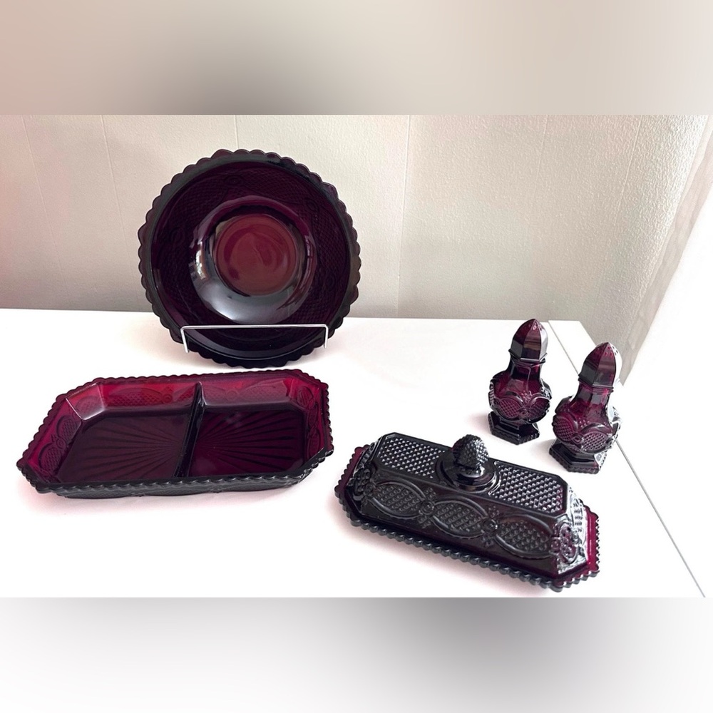 Vintage Avon RUBY RED Lot 5 Pieces - Butter Dosh, Relish Tray, Bowl, Salt Pepper